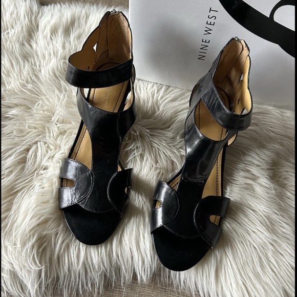 Nine West Shoes - Nine West Ramp Up Wedge Sandals Shoes Women’s 8.5 M  Black Leather Zip NEW + Box